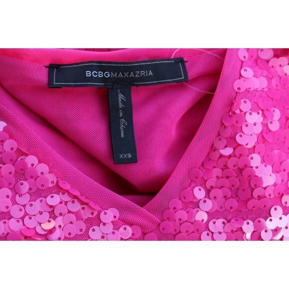 BCBCMAXAZRIA Women’s XXS Neon Pink Begonia Dress Mesh Sequin V-Neck Stretch Mini - Picture 4 of 9